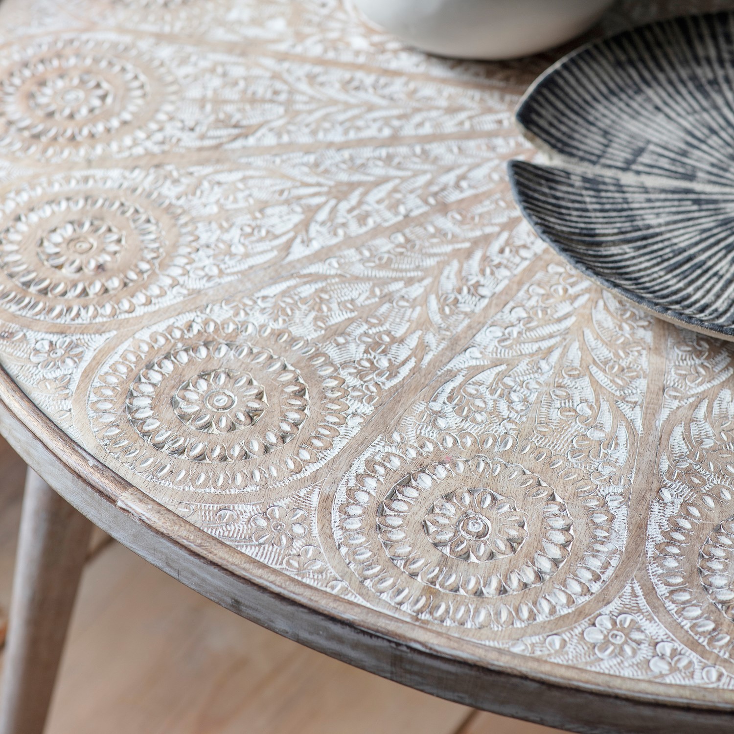 Read more about Small agra patterned round wooden coffee table natural white wash caspian house